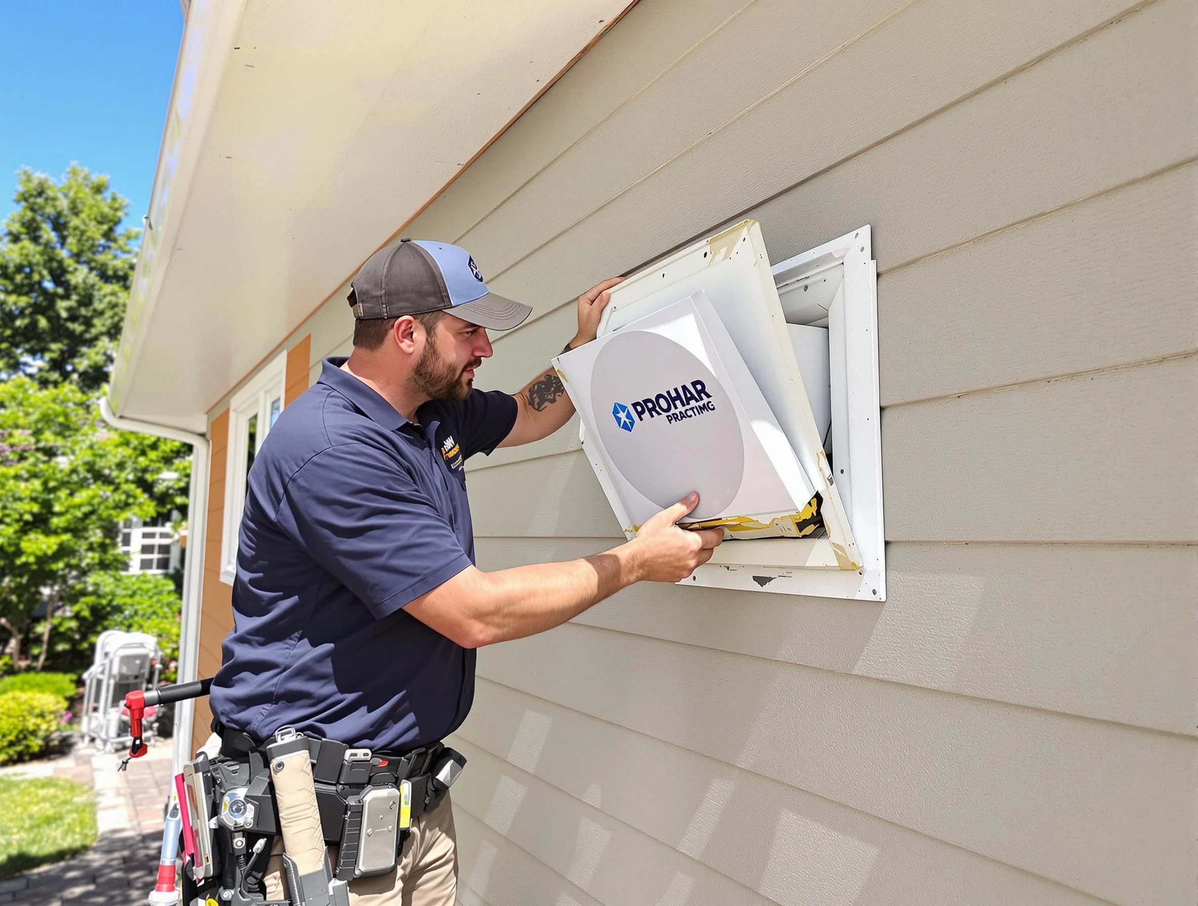 Lindon Dryer Vent Cleaning technician installing a new protective dryer vent cover on a home in Lindon