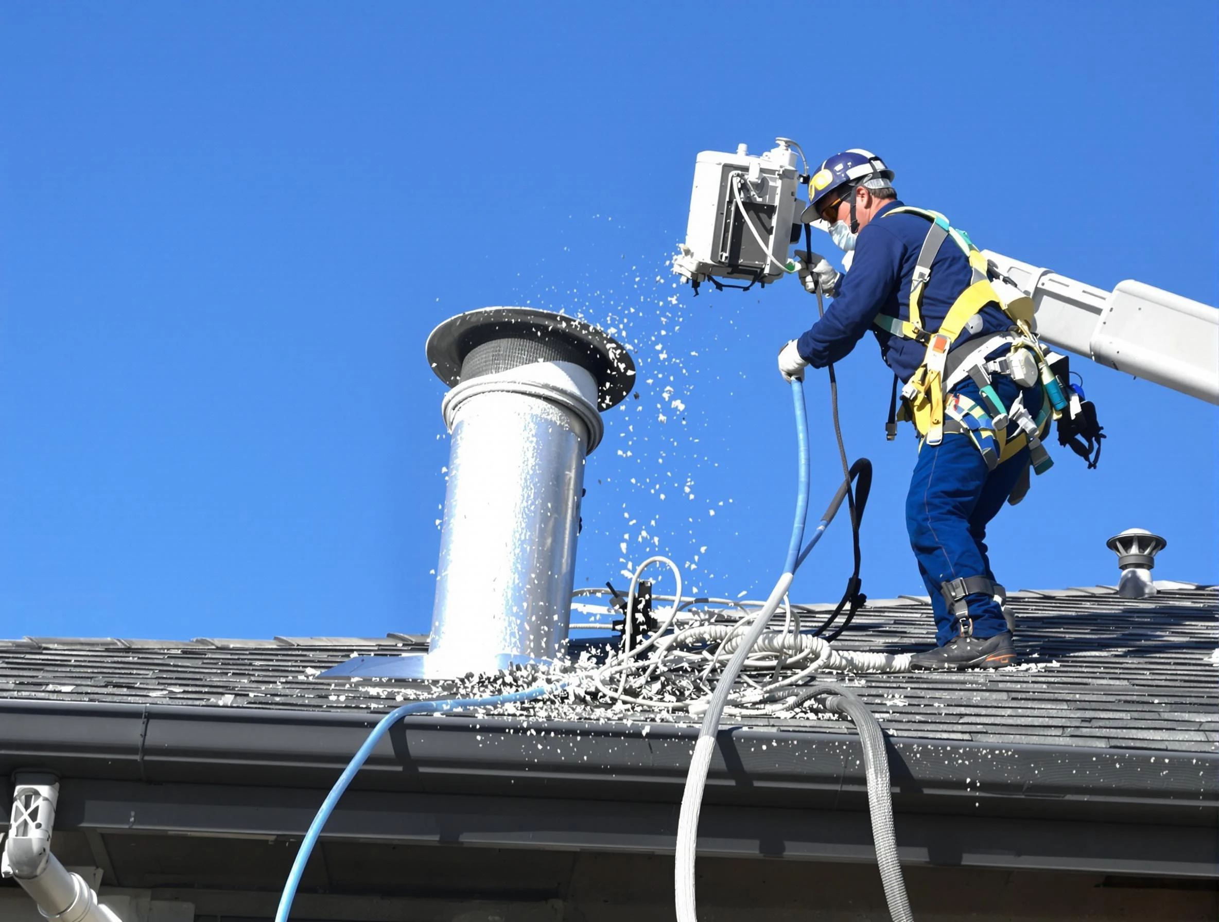 Lindon Dryer Vent Cleaning certified technician safely cleaning a roof-mounted dryer vent in Lindon