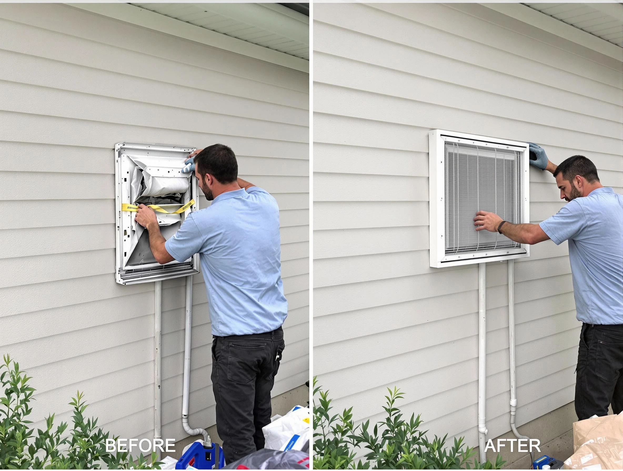 Lindon Dryer Vent Cleaning technician installing high-quality dryer vent cover at a residential property in Lindon